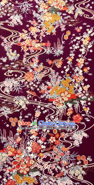 Asian Traditional Classical Orchid Pattern Purple Tapestry Satin Nishijin Brocade Fabric Japanese Kimono Silk Material