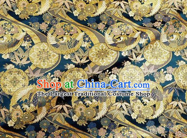 Asian Traditional Classical Bamboo Phoenix Pattern Blue Tapestry Satin Nishijin Brocade Fabric Japanese Kimono Silk Material