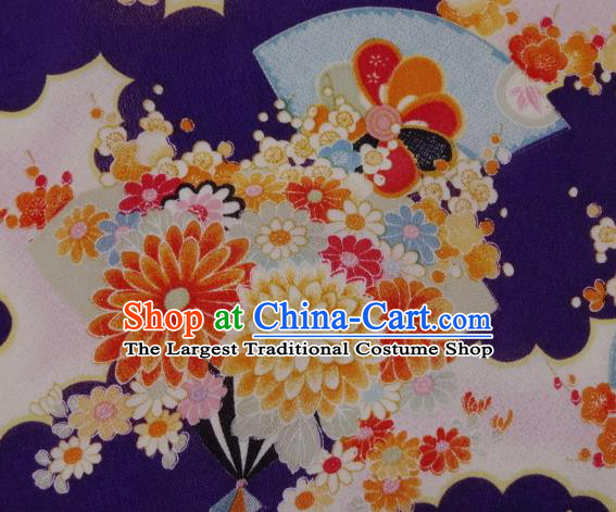 Asian Traditional Classical Flowers Fan Pattern Purple Tapestry Satin Brocade Fabric Japanese Kimono Silk Material