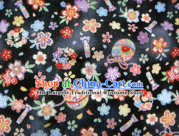 Asian Traditional Kimono Classical Sakura Bells Pattern Black Brocade Tapestry Satin Fabric Japanese Silk Material