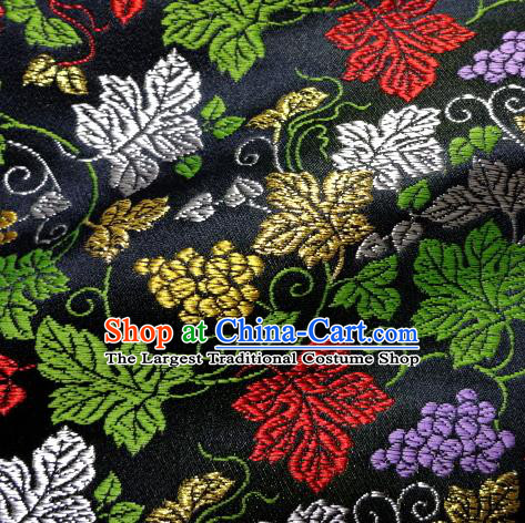 Asian Traditional Damask Classical Grape Pattern Black Brocade Fabric Japanese Kimono Tapestry Satin Silk Material
