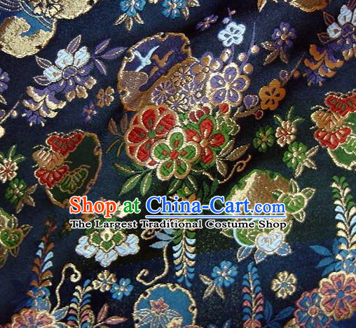 Asian Traditional Navy Baldachin Classical Sakura Pattern Brocade Fabric Japanese Kimono Tapestry Satin Silk Material