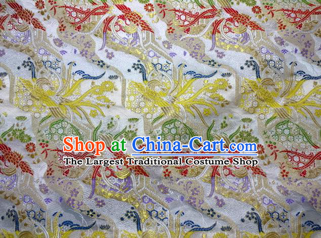 Asian Japanese Traditional Brocade Classical Colorful Phoenix Pattern White Baldachin Fabric Kimono Tapestry Satin Silk Material