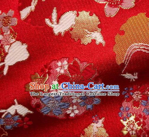 Asian Japanese Traditional Brocade Classical Sakura Rabbit Pattern Red Baldachin Fabric Kimono Tapestry Satin Silk Material