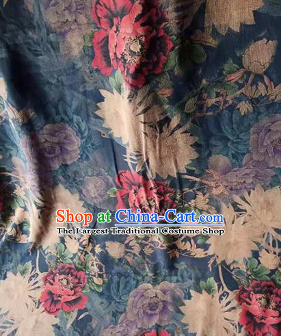 Asian Traditional Fabric Classical Peony Pattern Navy Watered Gauze Brocade Satin Silk Material