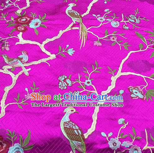 Asian Traditional Fabric Classical Embroidered Bird Flowers Pattern Rosy Brocade Chinese Satin Silk Material