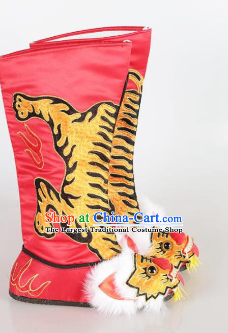 Traditional Chinese Beijing Opera Takefu Embroidered Red Boots Ancient Swordsman Shoes for Men