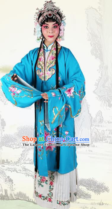 Chinese Traditional Beijing Opera Princess Embroidered Blue Dress Ancient Palace Lady Costume for Women