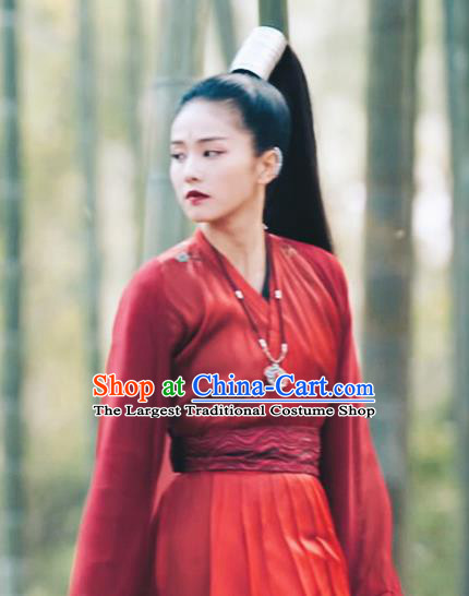 Chinese Ancient Female Knight Red Hanfu Dress Drama Zhao Yao Swordswoman Traditional Costume and Headpiece for Women