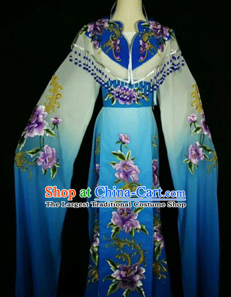 Traditional Chinese Peking Opera Peri Embroidered Peony Blue Dress Ancient Court Princess Costume for Women