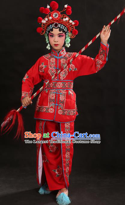 Professional Chinese Traditional Beijing Opera Blues Costume Ancient Swordswomen Red Clothing for Kids