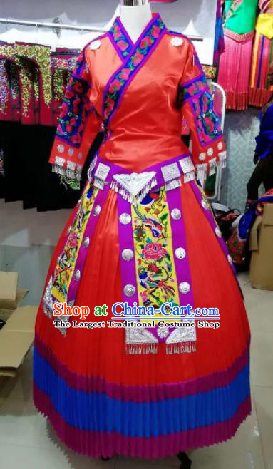 Chinese Traditional Hmong Ethnic Costume Miao Nationality Folk Dance Red Dress for Women