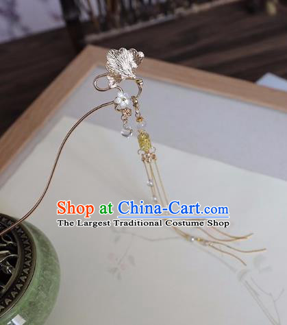 Chinese Traditional Hanfu Hair Accessories Golden Ginkgo Leaf Hair Clip Ancient Princess Tassel Hairpins for Women