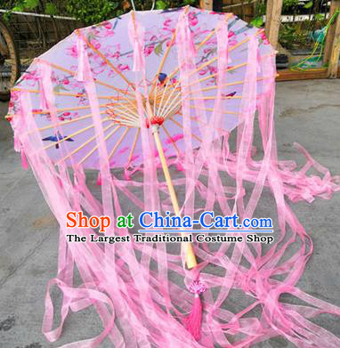 Chinese Ancient Drama Prop Pink Ribbon Umbrella Traditional Printing Handmade Umbrellas