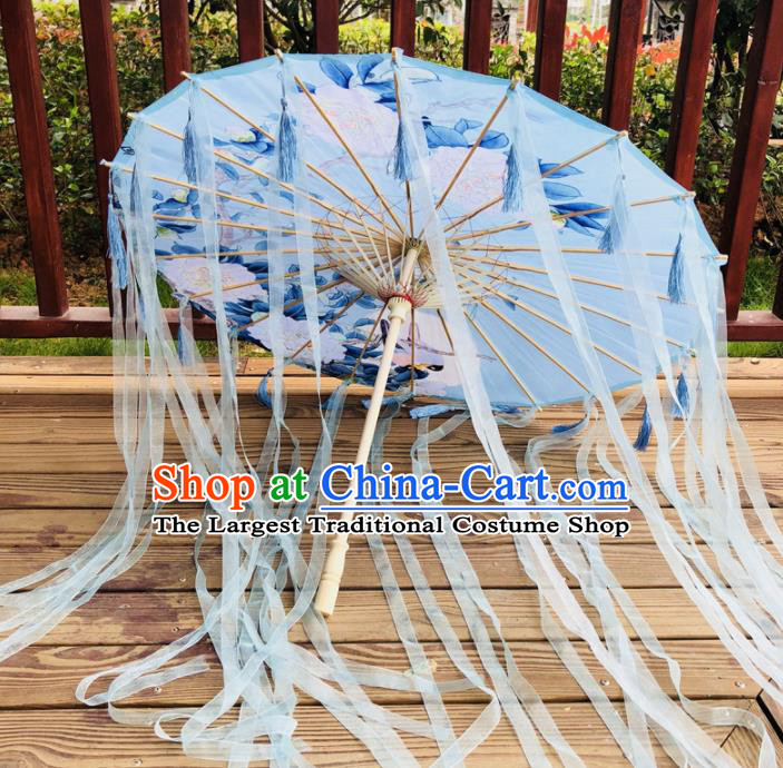 Chinese Ancient Drama Prop Silk Umbrella Traditional Handmade Blue Ribbon Umbrellas