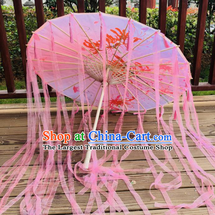 Chinese Ancient Drama Prop Silk Umbrella Traditional Handmade Pink Ribbon Umbrellas
