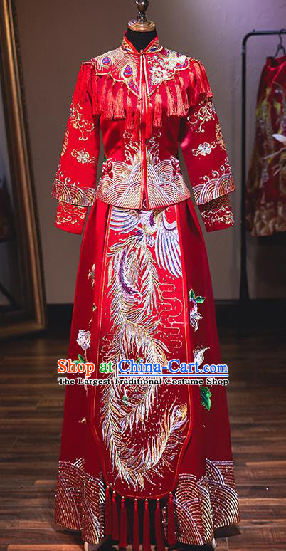 Chinese Traditional Bride Costume Embroidered Phoenix Peony Xiuhe Suit Ancient Wedding Dress for Women