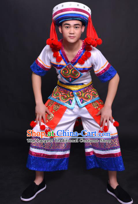 Chinese Traditional Ethnic Bridegroom White Costume Yao Nationality Festival Folk Dance Clothing for Men