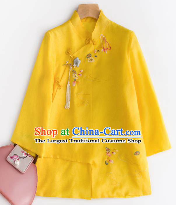 Chinese Traditional National Costume Tang Suit Cheongsam Yellow Blouse Upper Outer Garment for Women