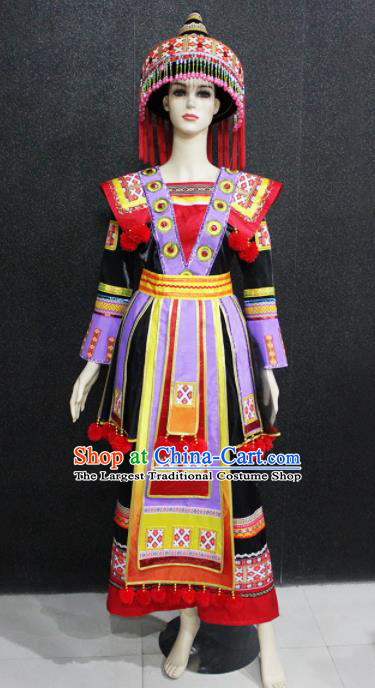 Chinese Traditional Yao Nationality Black Dress Ethnic Folk Dance Costume for Women
