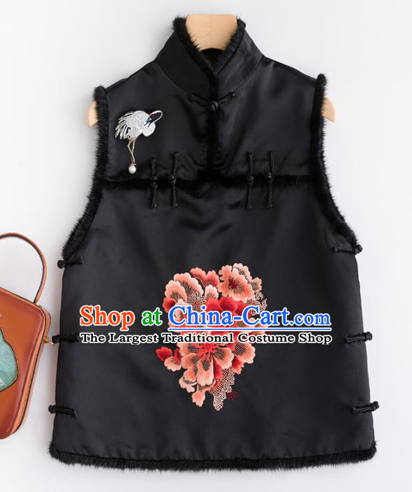 Traditional Chinese National Costume Tang Suit Embroidered Peony Black Waistcoat for Women