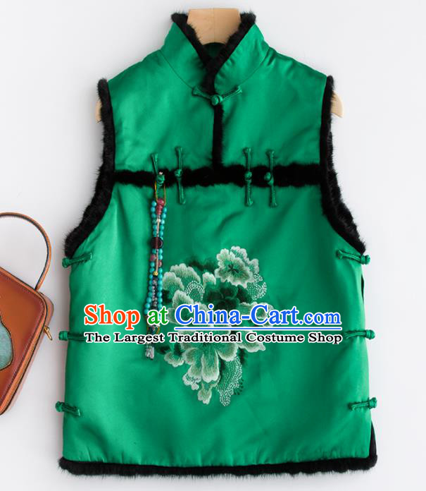Traditional Chinese National Costume Tang Suit Embroidered Peony Green Waistcoat for Women