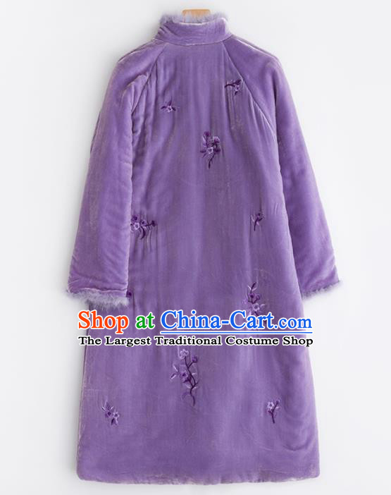 Chinese Traditional National Winter Costume Tang Suit Cheongsam Purple Cotton Padded Qipao Dress for Women