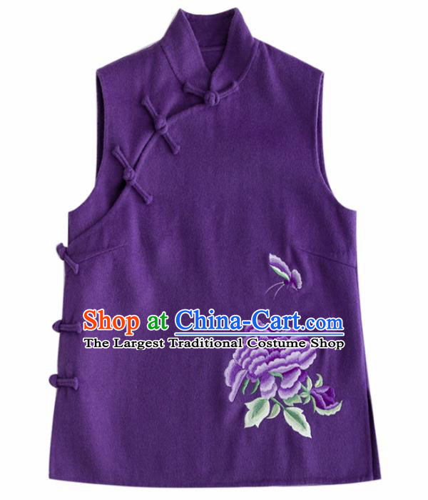 Traditional Chinese National Costume Tang Suit Embroidered Deep Purple Woolen Waistcoat for Women