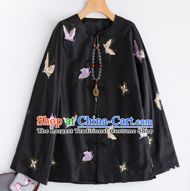Chinese Traditional Costume National Tang Suit Shirts Embroidered Butterfly Black Blouse for Women