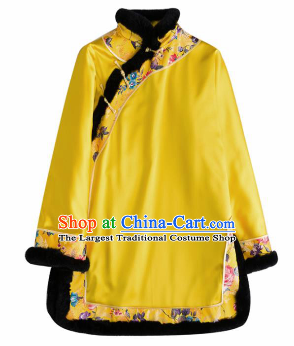 Chinese Traditional Costume National Tang Suit Yellow Jacket Embroidered Outer Garment for Women