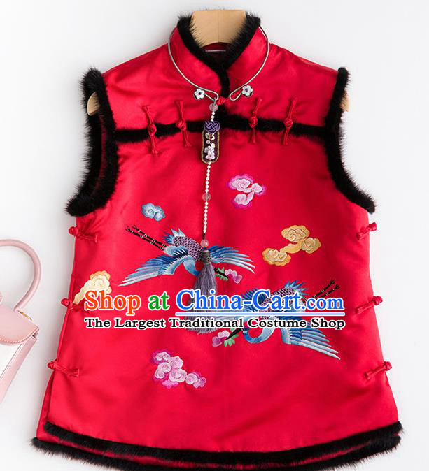 Traditional Chinese National Costume Embroidered Cranes Red Vest Tang Suit Waistcoat for Women