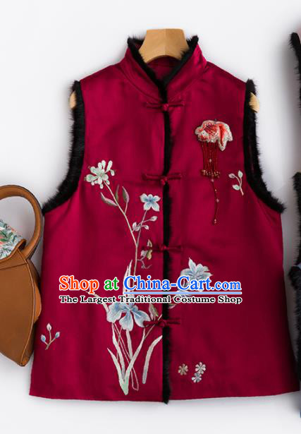 Traditional Chinese National Costume Wine Red Vest Tang Suit Waistcoat for Women