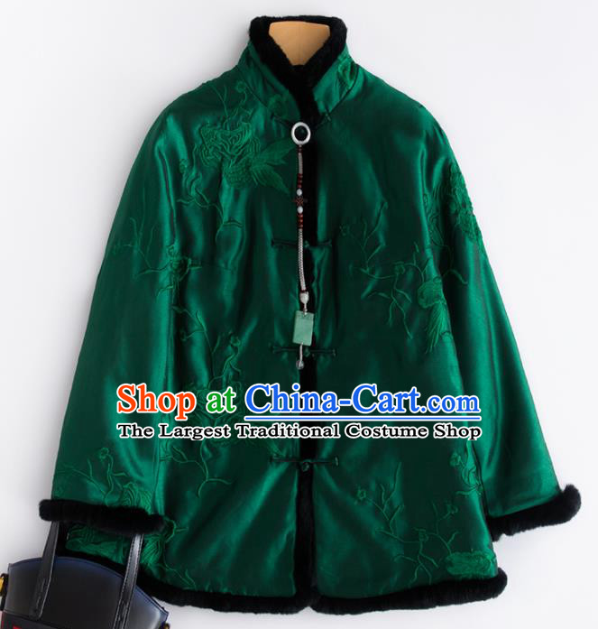 Chinese Traditional National Costume Tang Suit Embroidered Green Cotton Padded Jacket for Women