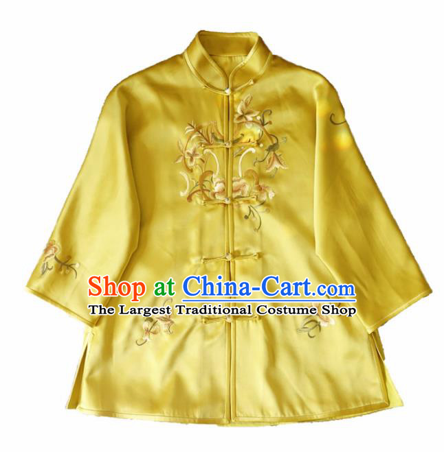 Chinese Traditional National Costume Ancient Qing Dynasty Embroidered Peony Yellow Silk Blouse for Women