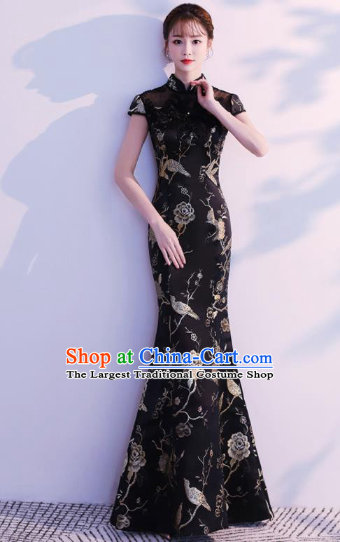 Chinese Traditional National Costume Classical Cheongsam Embroidered Black Qipao Dress for Women