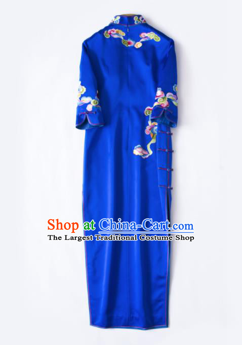 Chinese Traditional Costume National Cheongsam Embroidered Royalblue Silk Qipao Dress for Women
