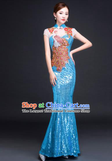 Chinese Traditional National Costume Classical Wedding Blue Fishtail Full Dress for Women