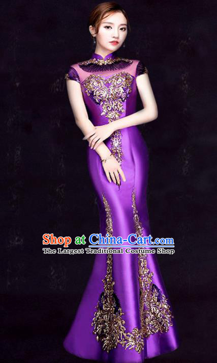 Chinese Traditional Fishtail Cheongsam Costume Classical Embroidered Purple Full Dress for Women