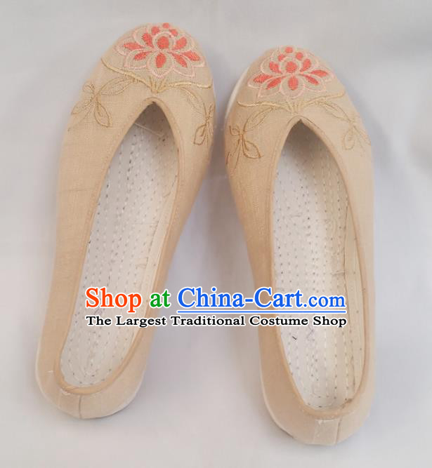 Chinese National Beige Linen Shoes Traditional Cloth Shoes Hanfu Shoes Embroidered Lotus Shoes for Women