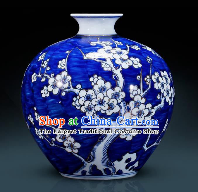 Chinese Jingdezhen Ceramic Handicraft Traditional Blue and White Porcelain Plum Blossom Pomegranate Vase