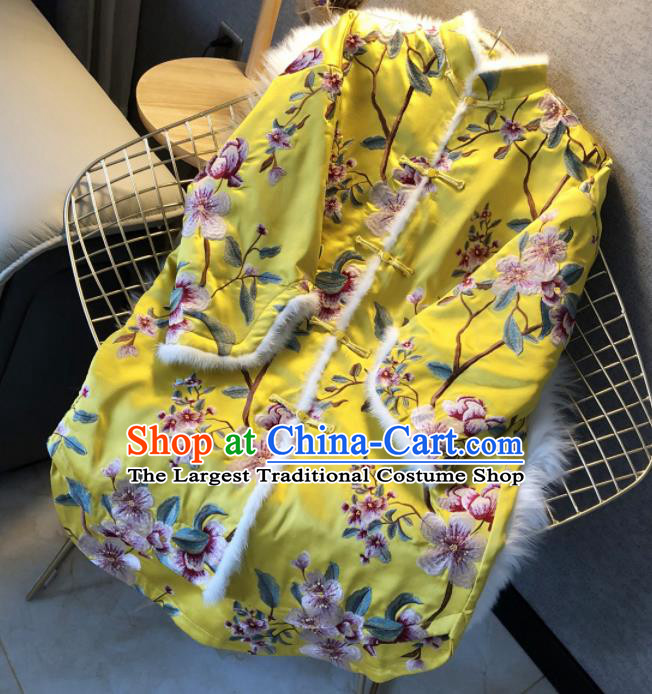 Chinese Traditional National Costume Embroidered Yellow Coat Tang Suit Outer Garment for Women