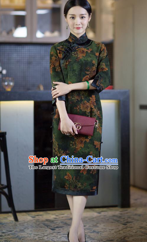 Chinese Traditional Tang Suit Green Silk Qipao Dress National Costume Cheongsam for Women