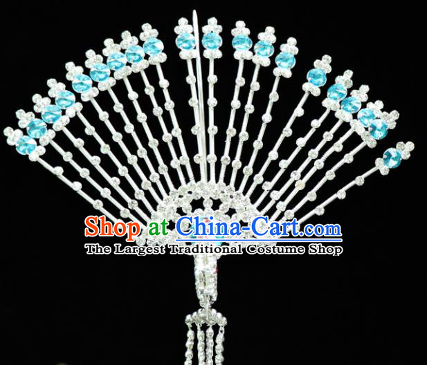Chinese Ancient Princess Blue Crystal Hairpins Traditional Peking Opera Artiste Headwear for Women
