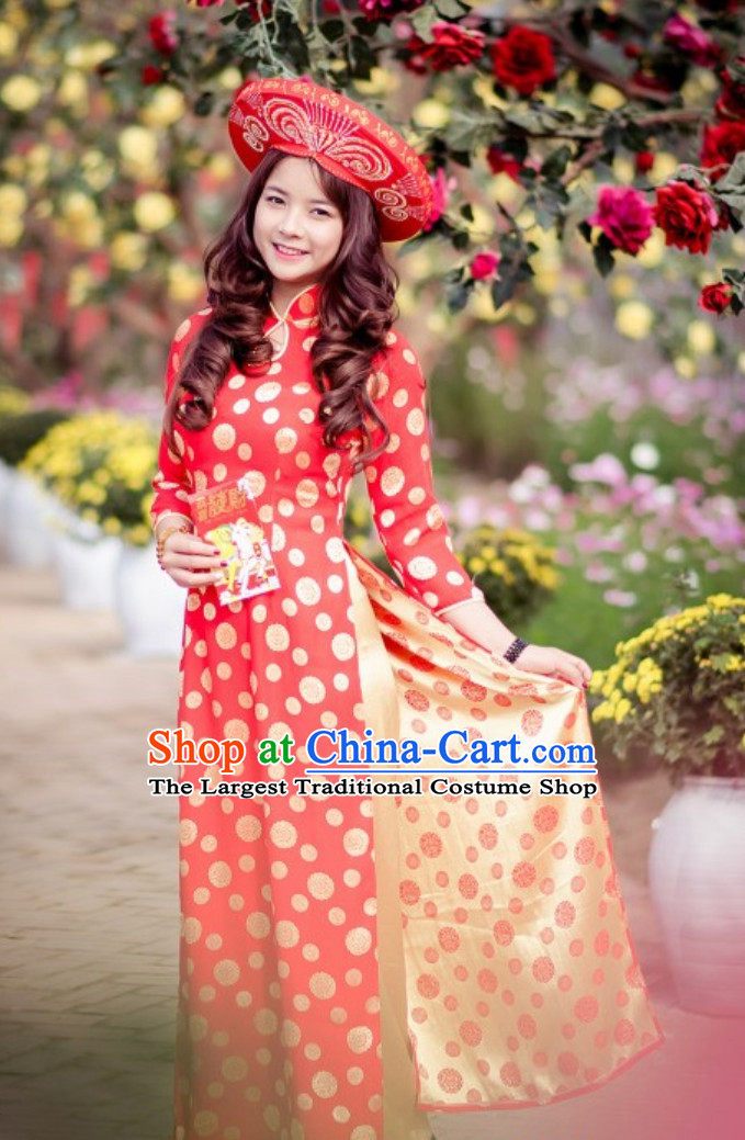 Traditional Vietnam Wedding Dresses and Hat Complete Set for Bride