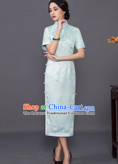 Chinese Traditional Tang Suit Qipao Dress National Costume Light Green Silk Cheongsam for Women
