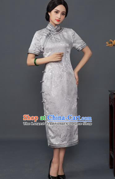 Chinese Traditional Tang Suit Qipao Dress National Costume Grey Silk Cheongsam for Women