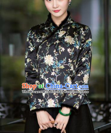 Chinese Traditional Tang Suit Upper Outer Garment Printing Peony Black Silk Jacket National Costume for Women