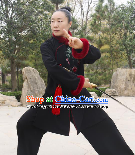 Chinese Traditional Kung Fu Competition Costume Martial Arts Tai Chi Embroidered Leaf Black Clothing for Women