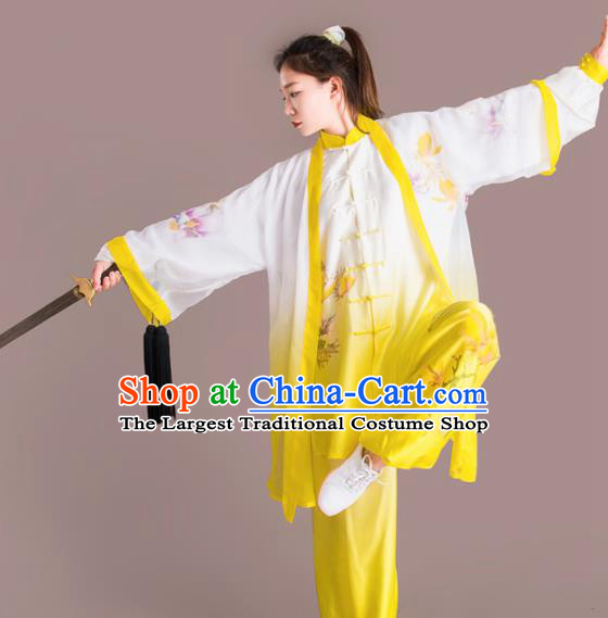 Chinese Traditional Kung Fu Competition Embroidered Peony Yellow Costume Martial Arts Tai Chi Clothing for Women