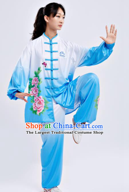 Chinese Traditional Kung Fu Competition Costume Martial Arts Tai Chi Printing Peony Blue Clothing for Women